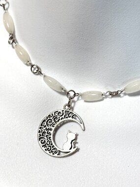 Genuine Milky Quartz Short Necklace, Natural Gemstone w/ Cat on the Moon Pendant